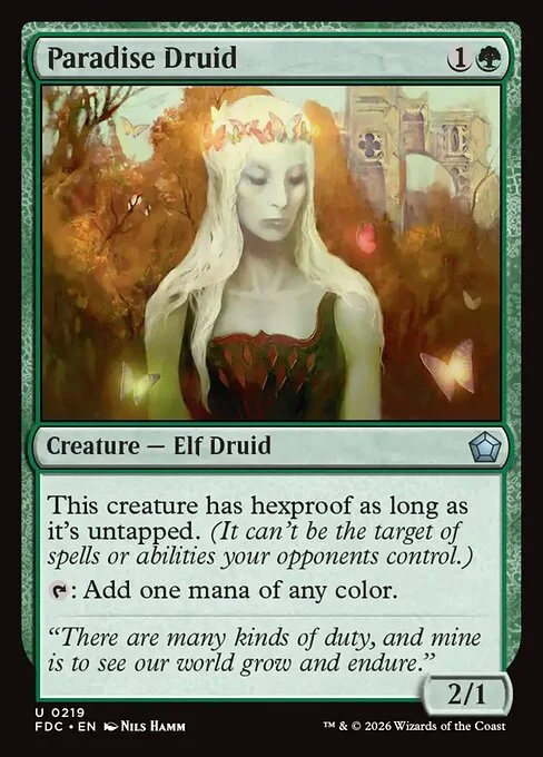 Paradise Druid, carta Magic di tipo Creature — Elf Druid illustrata da Nils Hamm
