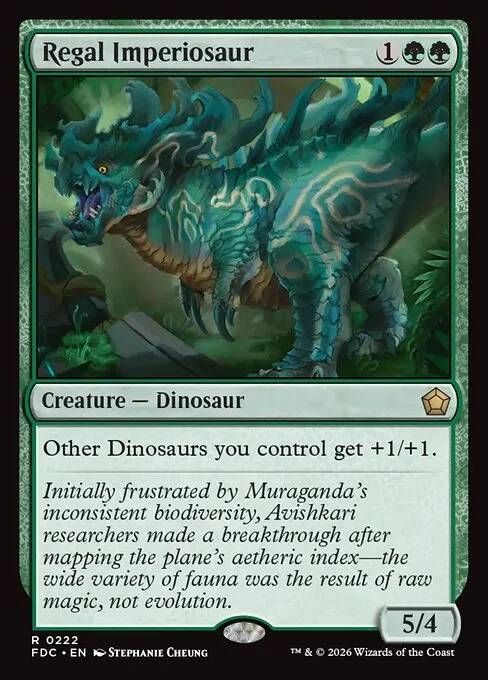 Regal Imperiosaur, carta Magic di tipo Creature — Dinosaur illustrata da Stephanie Cheung