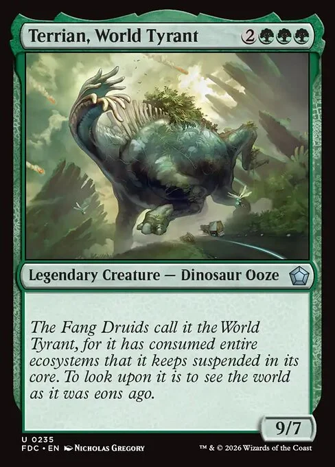 Terrian, World Tyrant, carta Magic di tipo Legendary Creature — Dinosaur Ooze illustrata da Nicholas Gregory