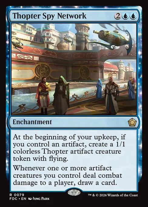 Thopter Spy Network, carta Magic di tipo Enchantment illustrata da Jung Park
