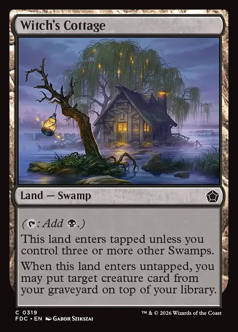 Witch's Cottage, carta Magic di tipo Land — Swamp illustrata da Gabor Szikszai