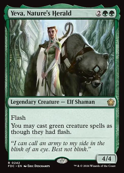 Yeva, Nature's Herald, carta Magic di tipo Legendary Creature — Elf Shaman illustrata da Eric Deschamps