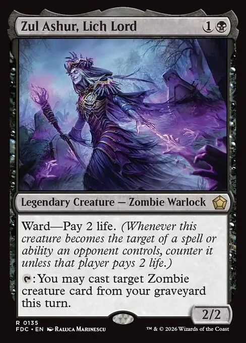 Zul Ashur, Lich Lord, carta Magic di tipo Legendary Creature — Zombie Warlock illustrata da Raluca Marinescu
