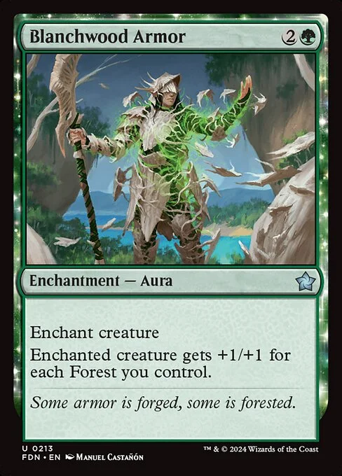 Blanchwood Armor, carta Magic di tipo Enchantment — Aura illustrata da Manuel Castañón