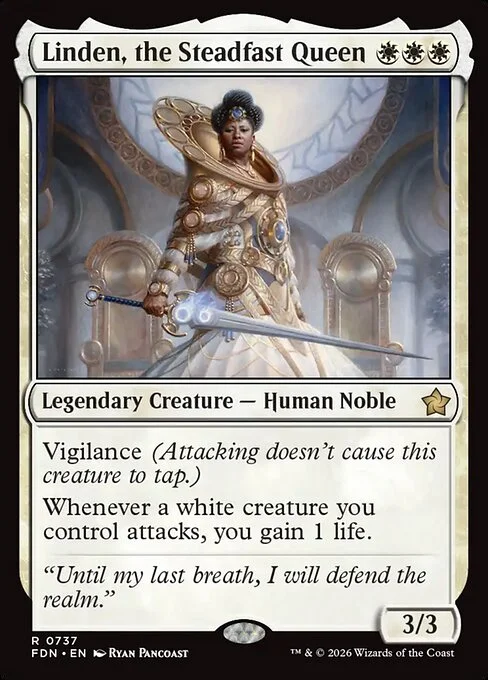 Linden, the Steadfast Queen, carta Magic di tipo Legendary Creature — Human Noble illustrata da Ryan Pancoast