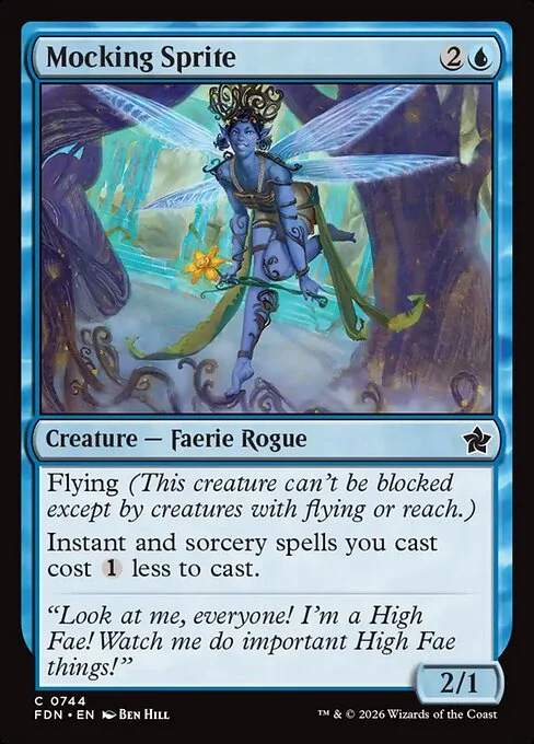 Mocking Sprite, carta Magic di tipo Creature — Faerie Rogue illustrata da Ben Hill