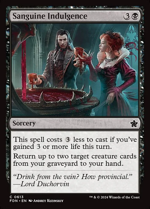 Sanguine Indulgence, carta Magic di tipo Sorcery illustrata da Andrey Kuzinskiy