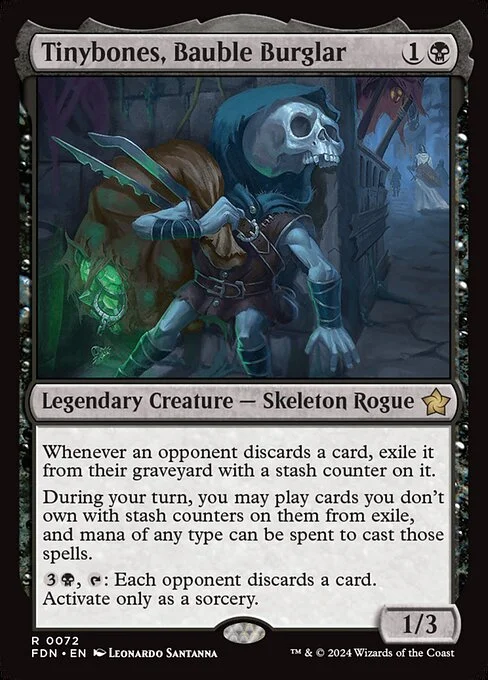 Tinybones, Bauble Burglar, carta Magic di tipo Legendary Creature — Skeleton Rogue illustrata da Leonardo Santanna