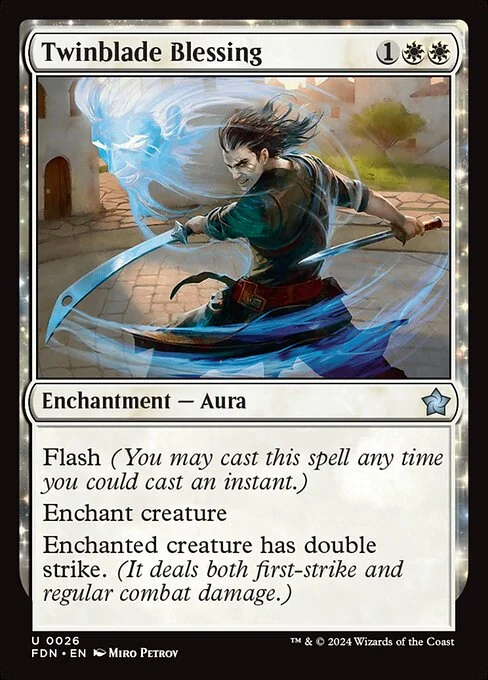 Twinblade Blessing, carta Magic di tipo Enchantment — Aura illustrata da Miro Petrov