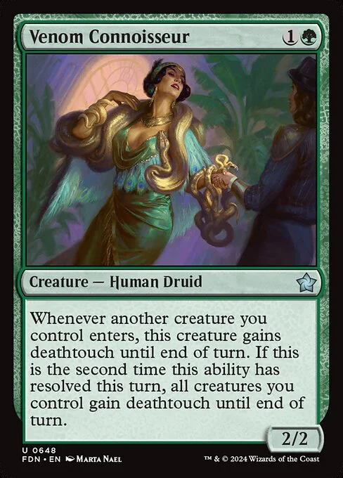 Venom Connoisseur, carta Magic di tipo Creature — Human Druid illustrata da Marta Nael