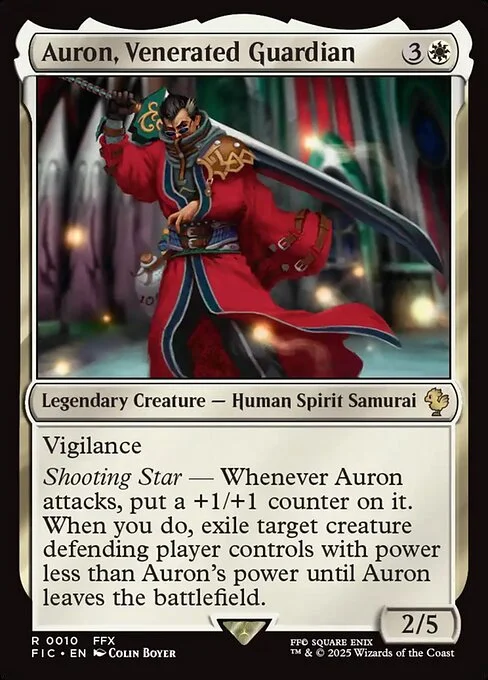 Auron, Venerated Guardian, carta Magic di tipo Legendary Creature — Human Spirit Samurai illustrata da Colin Boyer