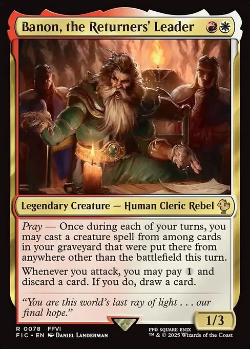 Banon, the Returners' Leader, carta Magic di tipo Legendary Creature — Human Cleric Rebel illustrata da Daniel Landerman