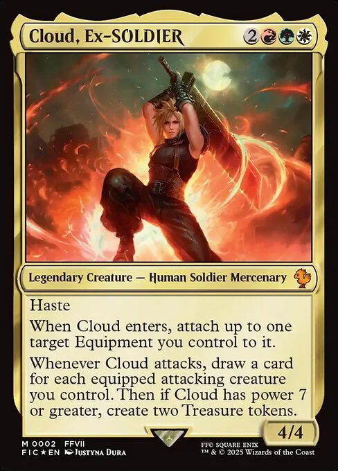 Cloud, Ex-SOLDIER, carta Magic di tipo Legendary Creature — Human Soldier Mercenary illustrata da Justyna Dura