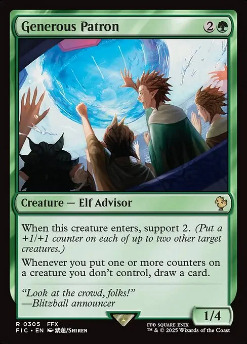 Generous Patron, carta Magic di tipo Creature — Elf Advisor illustrata da Shiren