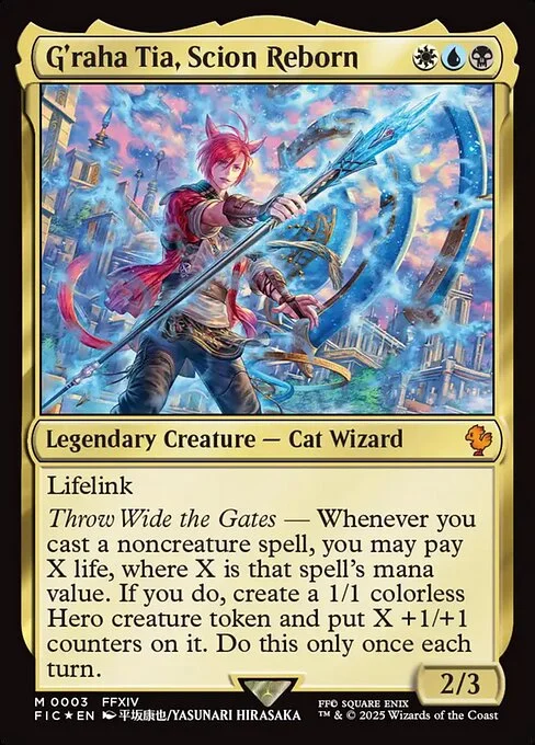G'raha Tia, Scion Reborn, carta Magic di tipo Legendary Creature — Cat Wizard illustrata da YASUNARI HIRASAKA