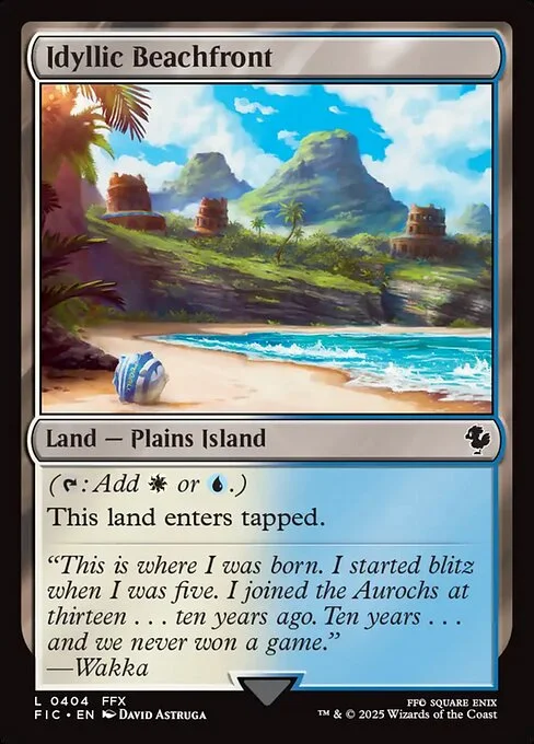 Idyllic Beachfront, carta Magic di tipo Land — Plains Island illustrata da David Astruga