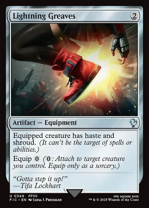 Lightning Greaves, carta Magic di tipo Artifact — Equipment illustrata da Luisa J. Preissler
