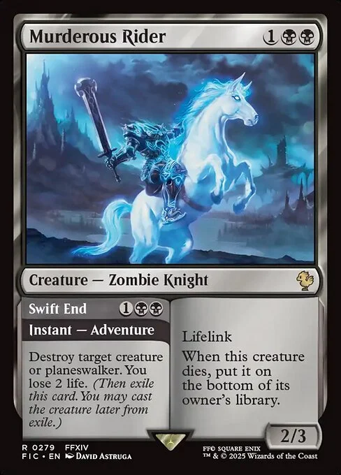 Murderous Rider // Swift End, carta Magic di tipo Creature — Zombie Knight // Instant — Adventure illustrata da David Astruga