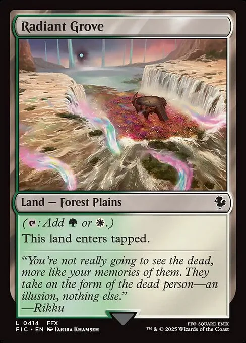 Radiant Grove, carta Magic di tipo Land — Forest Plains illustrata da Fariba Khamseh