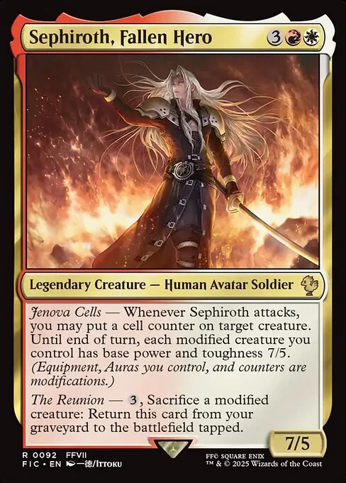 Sephiroth, Fallen Hero, carta Magic di tipo Legendary Creature — Human Avatar Soldier illustrata da Ittoku