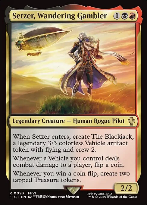 Setzer, Wandering Gambler, carta Magic di tipo Legendary Creature — Human Rogue Pilot illustrata da Norikatsu Miyoshi