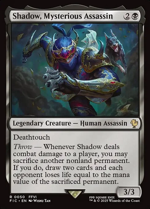 Shadow, Mysterious Assassin, carta Magic di tipo Legendary Creature — Human Assassin illustrata da Wisnu Tan