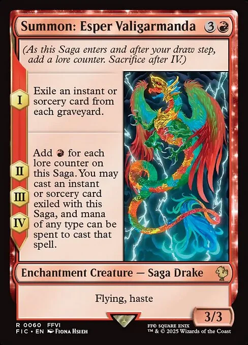 Summon: Esper Valigarmanda, carta Magic di tipo Enchantment Creature — Saga Drake illustrata da Fiona Hsieh