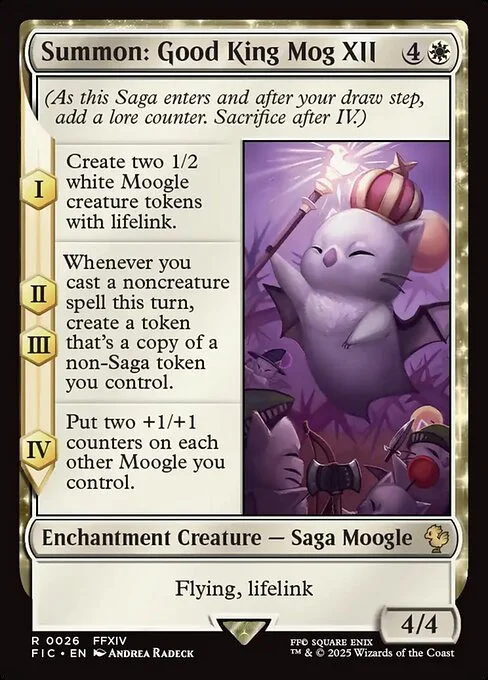 Summon: Good King Mog XII, carta Magic di tipo Enchantment Creature — Saga Moogle illustrata da Andrea Radeck