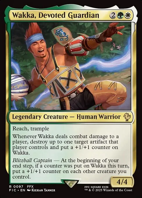 Wakka, Devoted Guardian, carta Magic di tipo Legendary Creature — Human Warrior illustrata da Kieran Yanner