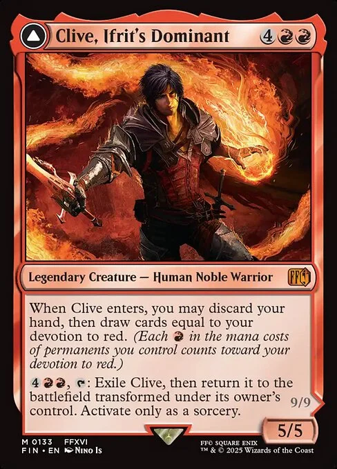 Clive, Ifrit's Dominant // Ifrit, Warden of Inferno, carta Magic di tipo Legendary Creature — Human Noble Warrior // Legendary Enchantment Creature — Saga Demon illustrata da Nino Is
