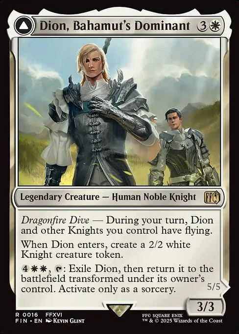 Dion, Bahamut's Dominant // Bahamut, Warden of Light, carta Magic di tipo Legendary Creature — Human Noble Knight // Legendary Enchantment Creature — Saga Dragon illustrata da Kevin Glint