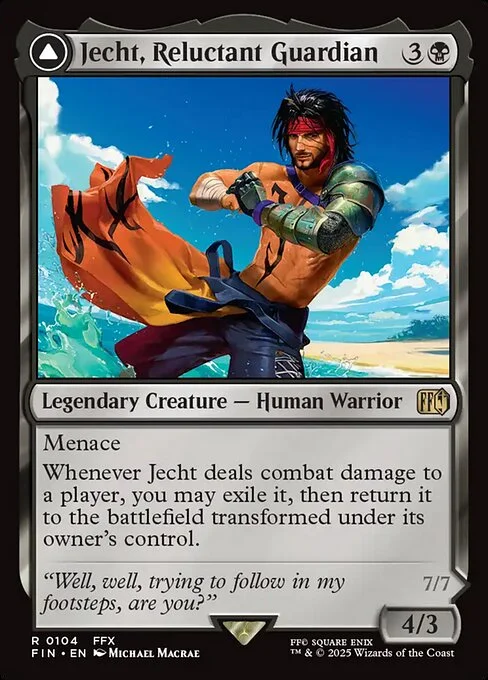 Jecht, Reluctant Guardian // Braska's Final Aeon, carta Magic di tipo Legendary Creature — Human Warrior // Legendary Enchantment Creature — Saga Nightmare illustrata da Michael MacRae