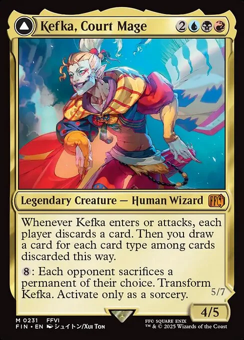 Kefka, Court Mage // Kefka, Ruler of Ruin, carta Magic di tipo Legendary Creature — Human Wizard // Legendary Creature — Avatar Wizard illustrata da Xui Ton