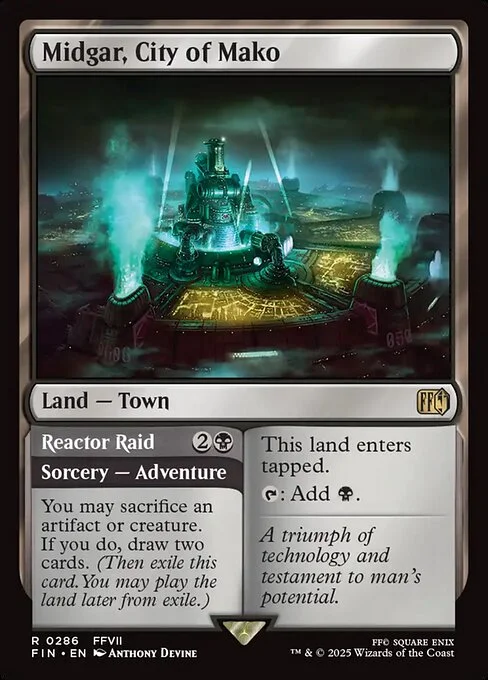 Midgar, City of Mako // Reactor Raid, carta Magic di tipo Land — Town // Sorcery — Adventure illustrata da Anthony Devine