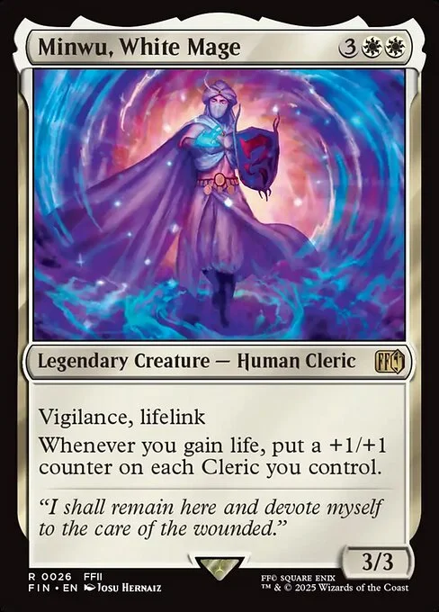 Minwu, White Mage, carta Magic di tipo Legendary Creature — Human Cleric illustrata da Josu Hernaiz