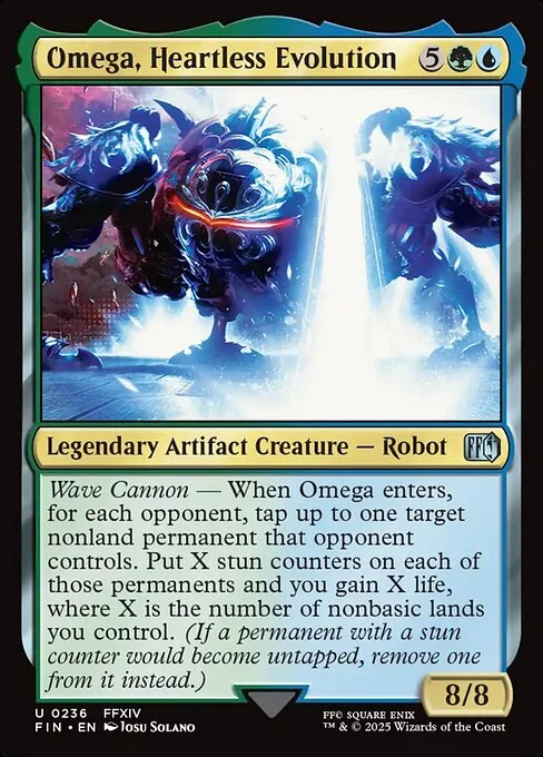 Omega, Heartless Evolution, carta Magic di tipo Legendary Artifact Creature — Robot illustrata da Josu Solano