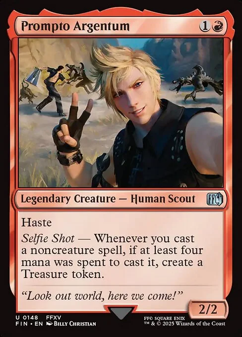 Prompto Argentum, carta Magic di tipo Legendary Creature — Human Scout illustrata da Billy Christian