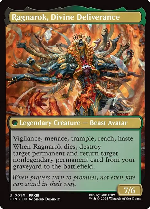 Ragnarok, Divine Deliverance, carta Magic di tipo Legendary Creature — Beast Avatar illustrata da Simon Dominic