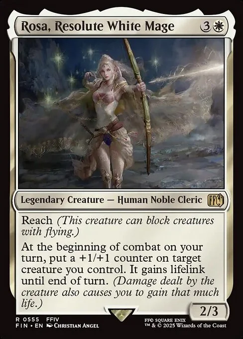 Rosa, Resolute White Mage, carta Magic di tipo Legendary Creature — Human Noble Cleric illustrata da Christian Angel