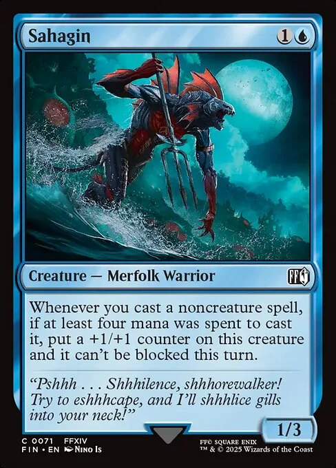 Sahagin, carta Magic di tipo Creature — Merfolk Warrior illustrata da Nino Is