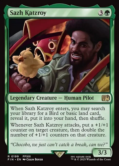Sazh Katzroy, carta Magic di tipo Legendary Creature — Human Pilot illustrata da Colin Boyer