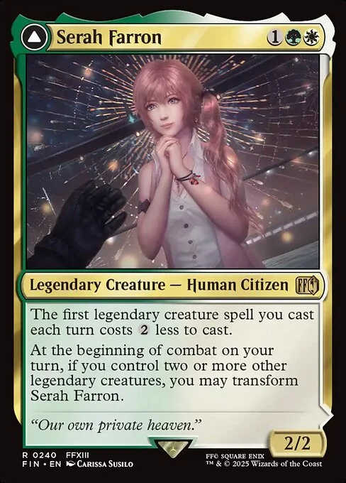 Serah Farron // Crystallized Serah, carta Magic di tipo Legendary Creature — Human Citizen // Legendary Artifact illustrata da Carissa Susilo