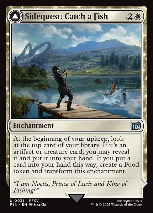 Sidequest: Catch a Fish // Cooking Campsite, carta Magic di tipo Enchantment // Land illustrata da Gal Or