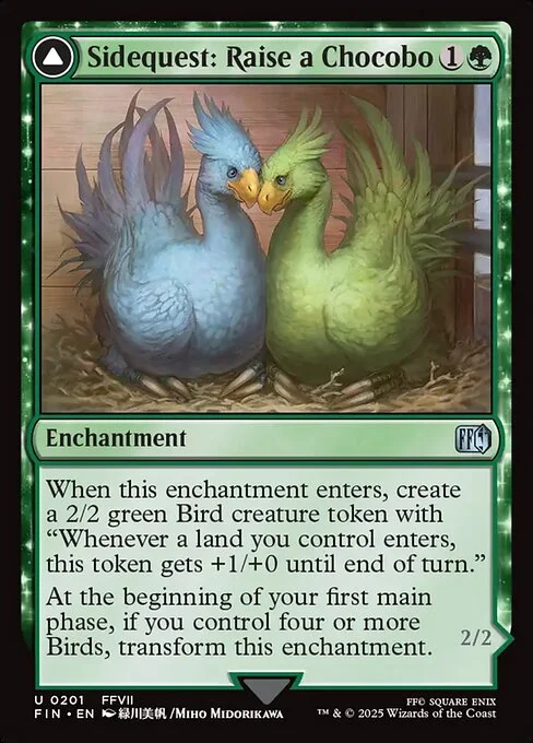 Sidequest: Raise a Chocobo // Black Chocobo, carta Magic di tipo Enchantment // Creature — Bird illustrata da Miho Midorikawa & Sansyu