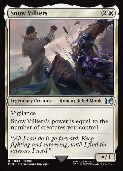 Snow Villiers, carta Magic di tipo Legendary Creature — Human Rebel Monk illustrata da Fariba Khamseh