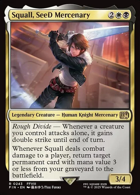 Squall, SeeD Mercenary, carta Magic di tipo Legendary Creature — Human Knight Mercenary illustrata da Yuu Fujiki