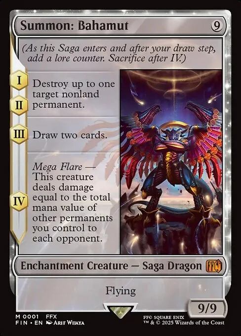 Summon: Bahamut, carta Magic di tipo Enchantment Creature — Saga Dragon illustrata da Arif Wijaya