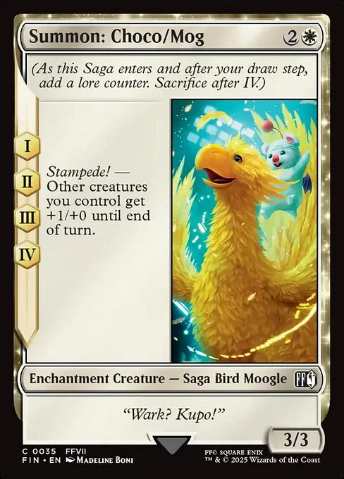 Summon: Choco/Mog, carta Magic di tipo Enchantment Creature — Saga Bird Moogle illustrata da Madeline Boni