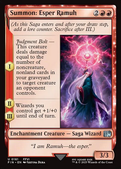 Summon: Esper Ramuh, carta Magic di tipo Enchantment Creature — Saga Wizard illustrata da Justyna Dura