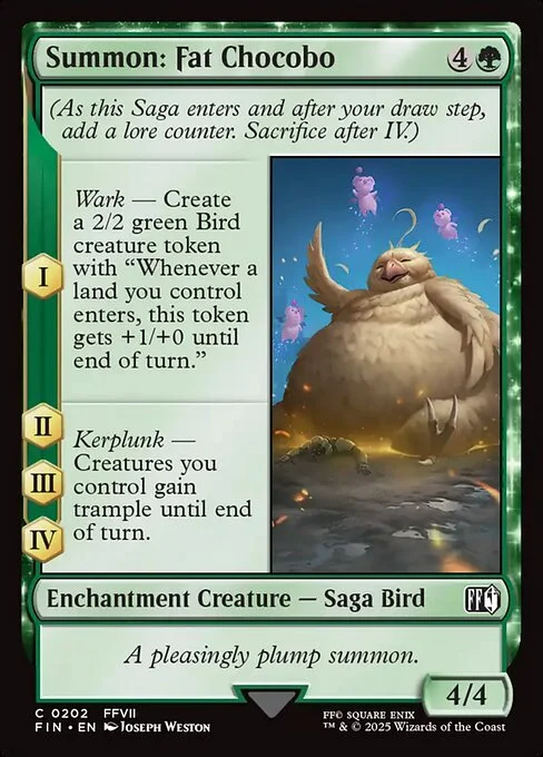 Summon: Fat Chocobo, carta Magic di tipo Enchantment Creature — Saga Bird illustrata da Joseph Weston